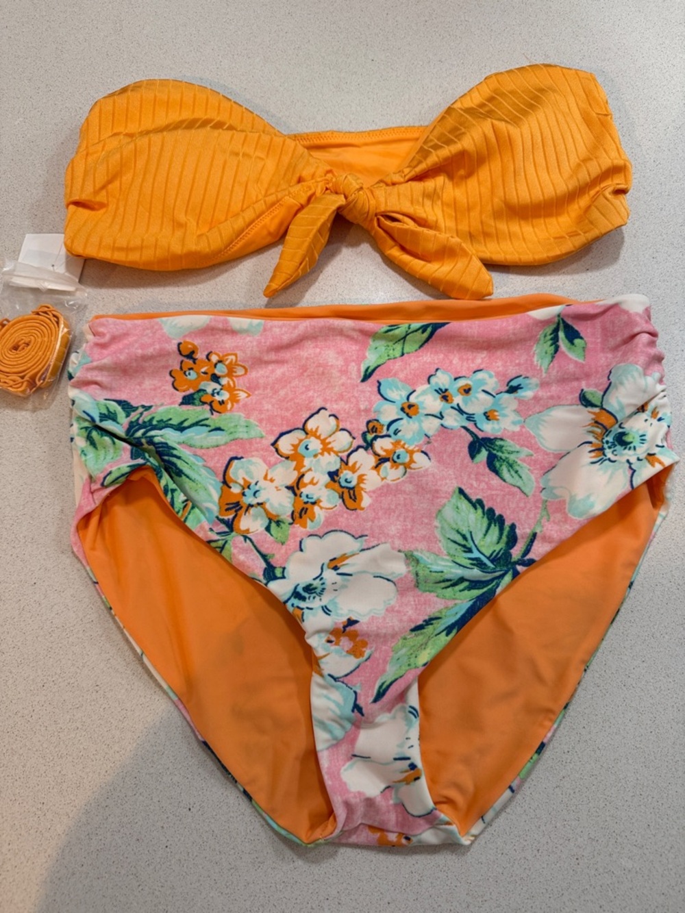 NWT Aerie Orange Ribbed Bandeau and Solid High-Waist Bikini Set